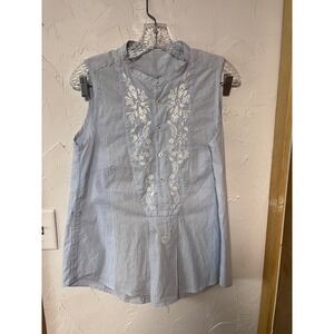 HIGH‎ Striped Sleeveless Embroidered Mandarin Collar Tunic Shirt Women's Size 6